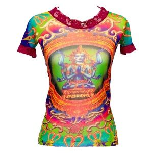 JEAN PAUL GAULTIER Rainbow Mesh Lace Indian Hindu God Kali Tattoo Print Top - S
